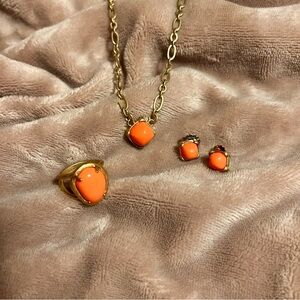 LIA SOPHIA Orange and Gold Vintage Boho Set | Earrings, Necklace, and Ring